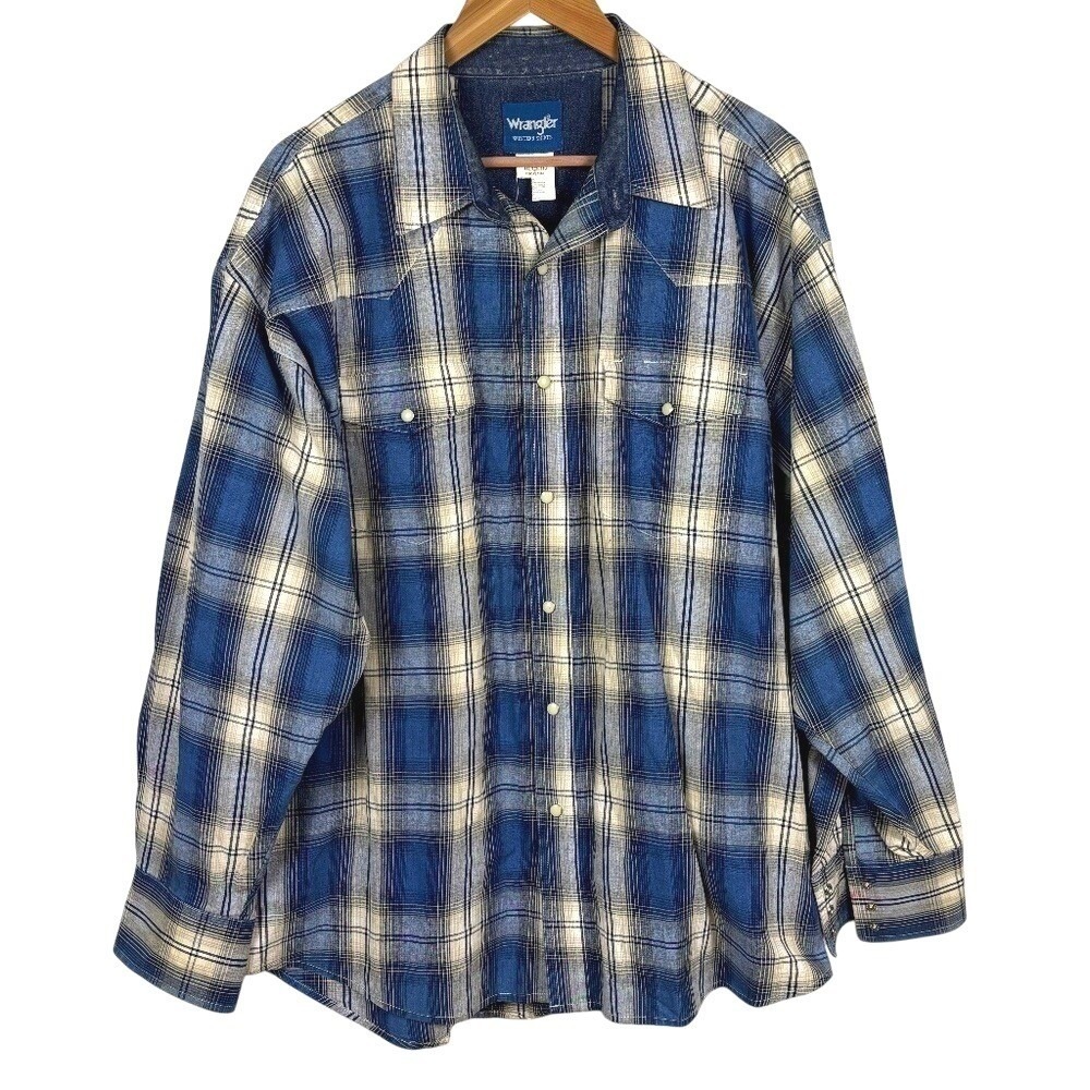 VTG Wrangler Mens Western Long Sleeve Rodeo Cowboy Snap Shirt XXL‎ Country Flaws